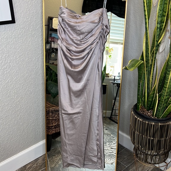 HOUSE OF CB 'Jia' Grey Satin Gathered Maxi Skirt NWOT - Picture 7 of 9